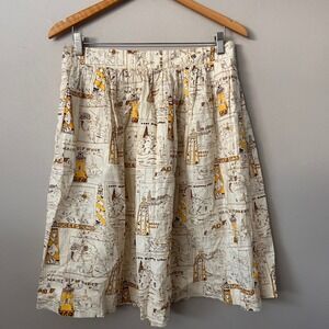 J.Crew Skirt Womens 8 Cream Lighthouse Maine Postcard Print Linen A-Line Pockets